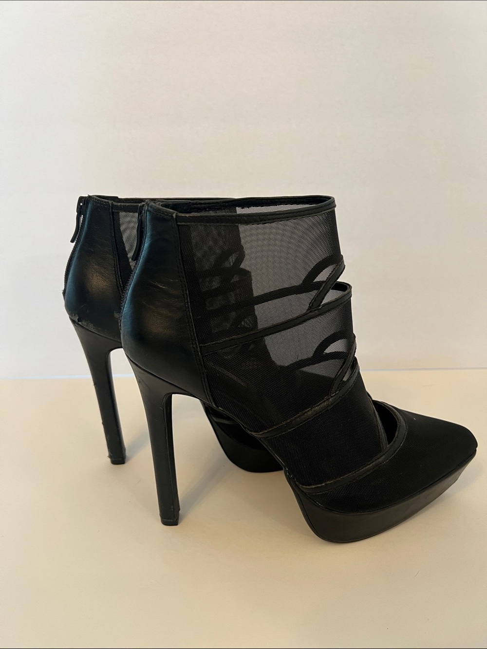 BCBG Black Mesh Strappy Pointed Toe High Heel Booties